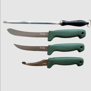 Tendy Slaktesett - 2 kniver, bukåpner og brynestål