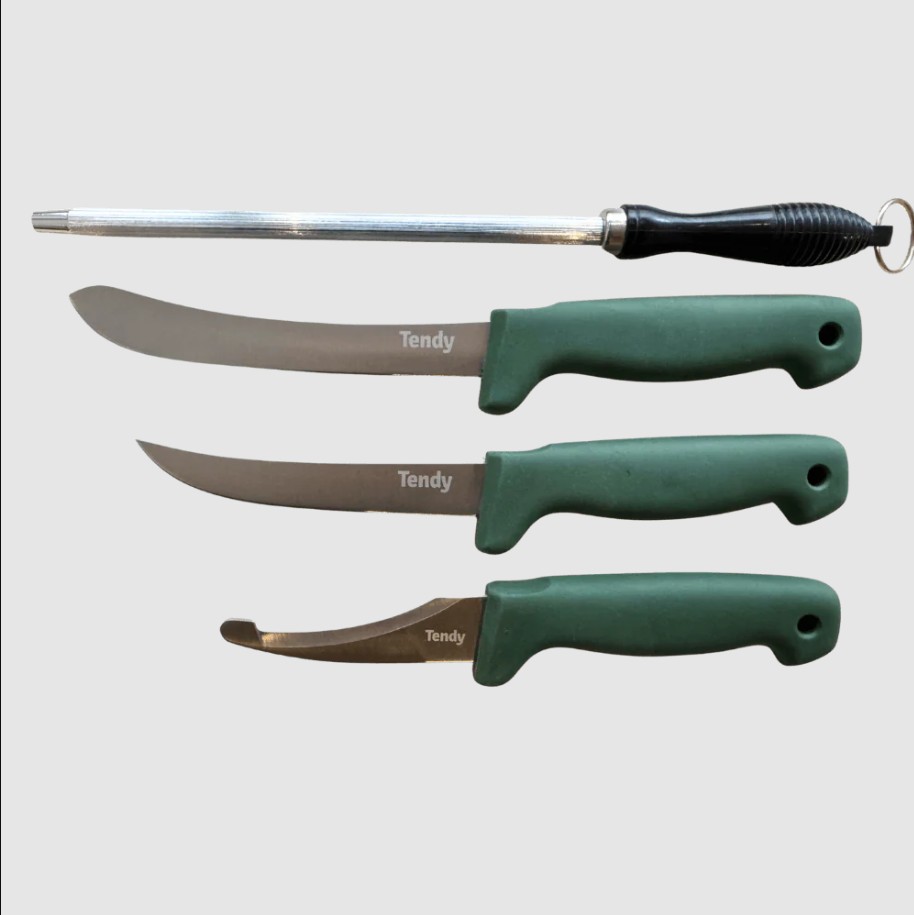 Tendy Slaktesett - 2 kniver, bukåpner og brynestål